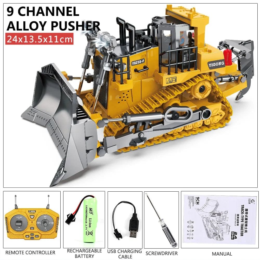 RC Excavator Dumper bulldozer with remote and accessory bundle for pushing sand and staging construction site games.
