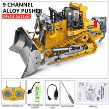 RC Excavator Dumper bulldozer with remote and accessory bundle for pushing sand and staging construction site games.