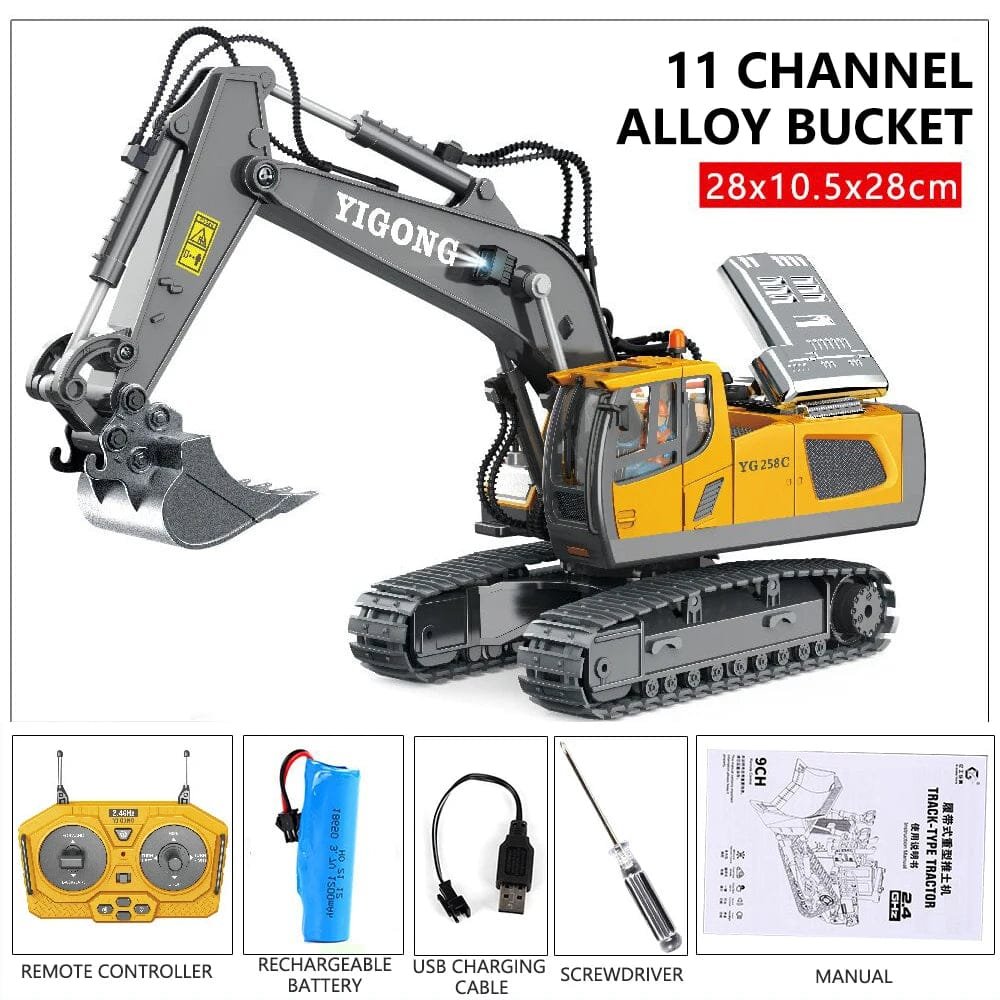 RC Excavator Dumper digger with full accessory layout for dirt hauling play and realistic building site role play.