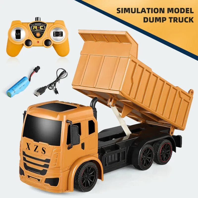 RC Excavator Dumper dump truck with remote, battery, and cable for rechargeable outdoor construction play sessions.