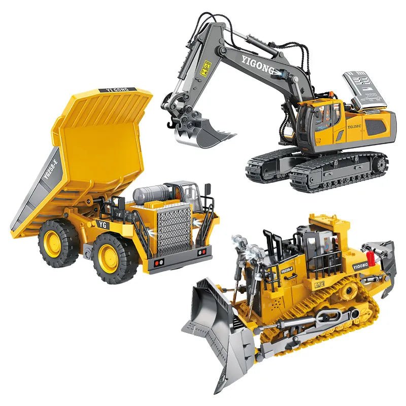 Set of toy construction vehicles including an excavator, dump truck, and bulldozer.