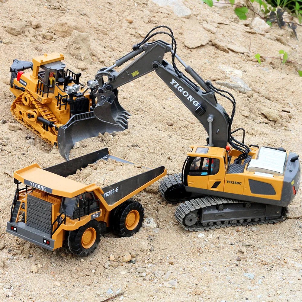 RC excavator and dumper truck duo working in sand, a construction set for imaginative outdoor digging play.