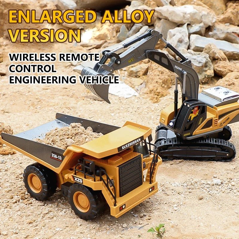 RC Excavator Dumper enlarged alloy version on rocky terrain for durable outdoor construction play and gravel hauling.