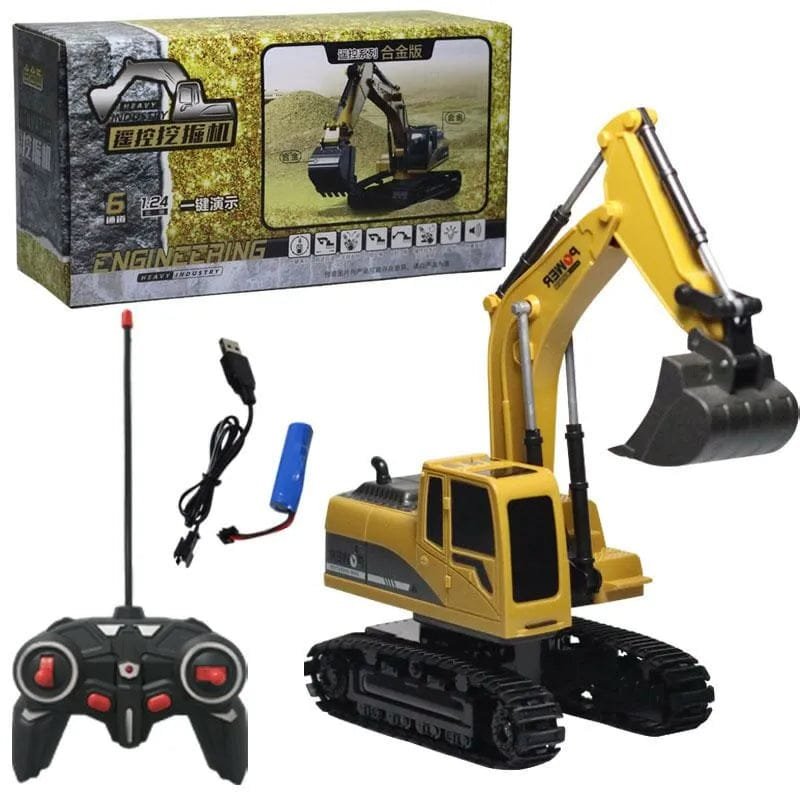RC Excavator Dumper excavator with controller and packaging for ready-to-play digging fun indoors and in the garden.