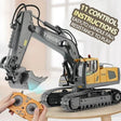 Toy excavator with remote control on a table, featuring YIGONG branding.