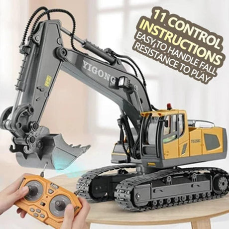 Toy excavator with remote control on a table, featuring YIGONG branding.