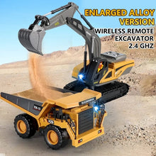 RC Excavator Dumper truck duo with remote controls for cooperative construction play and kids team building games.