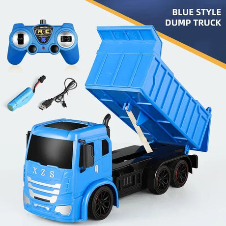 Blue remote control dump truck with controller, battery, and cable 