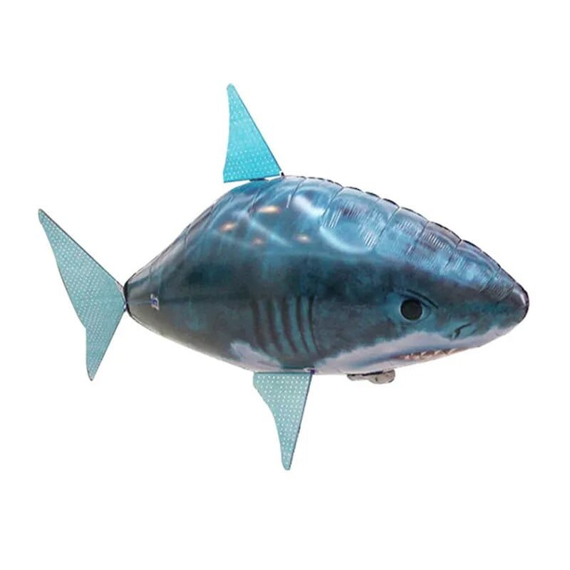 RC Flying Shark Balloon with blue body and grey fins for floating indoor flight, kids parties, and screen-free fun.