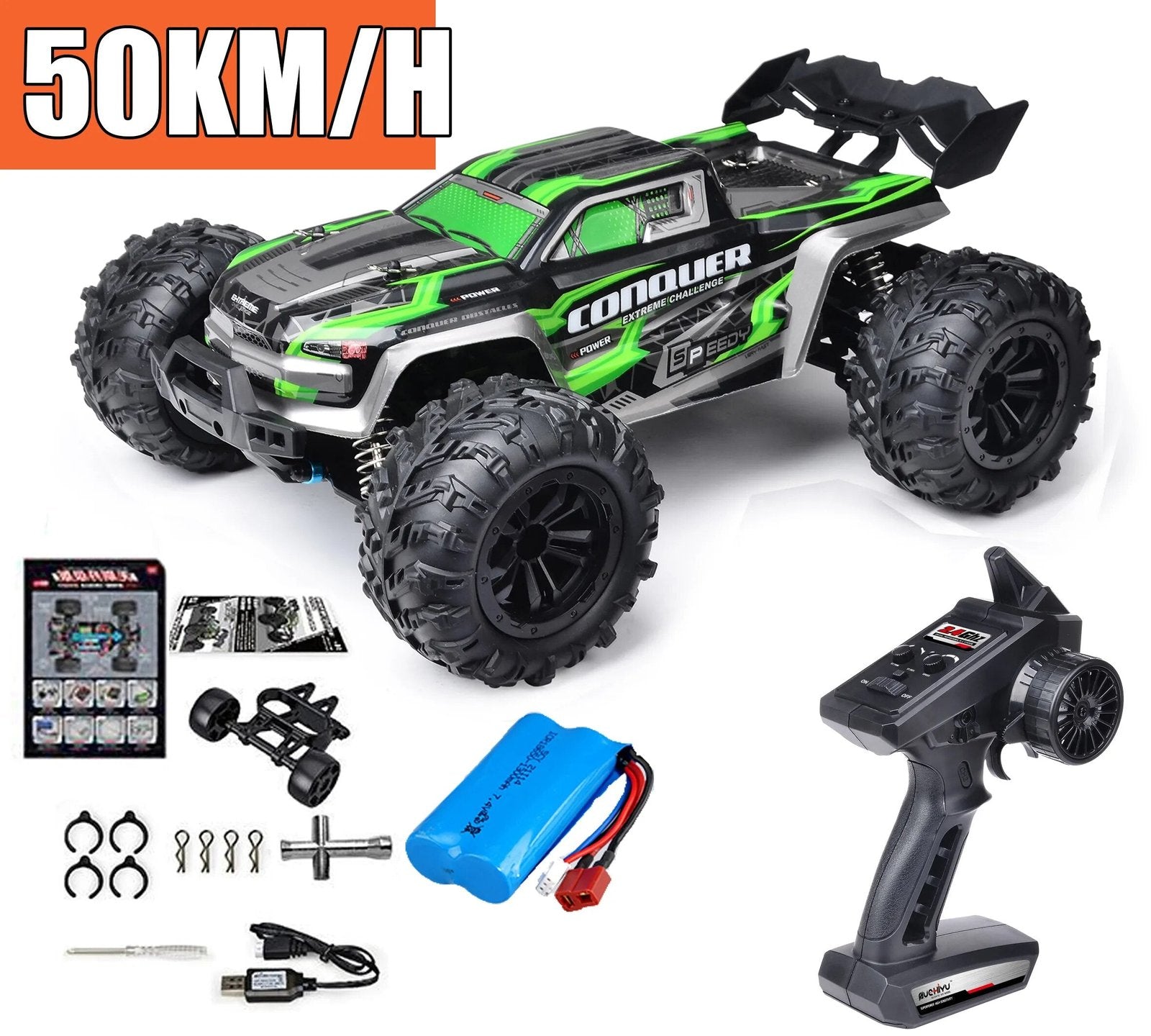 High-speed LED 1/16 scale RC Monster Truck with remote control and battery for night-time off-road driving.