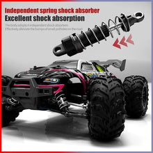 75KM/H 4x4 RC Monster Truck shock absorber highlighted, showing rugged shock absorption for bumpy off-road terrain.