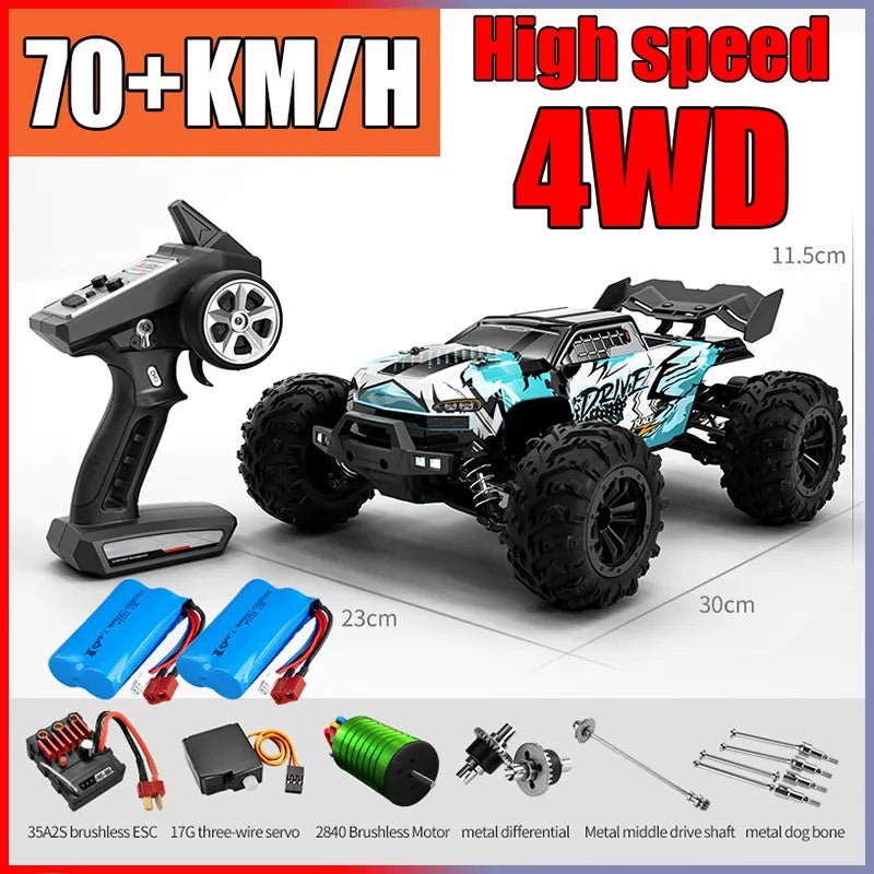 75KM/H 4x4 RC Monster Truck shown with full specifications and accessories for off-road racing and outdoor play.
