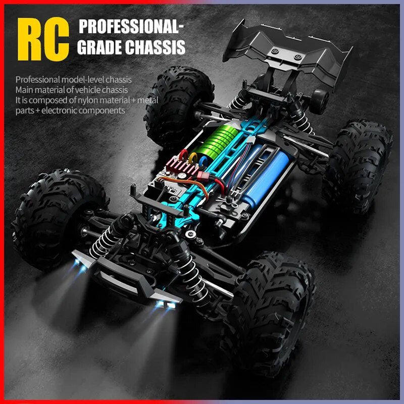 RC Monster Truck chassis with visible internal components, showing the brushless build for durable off-road performance.