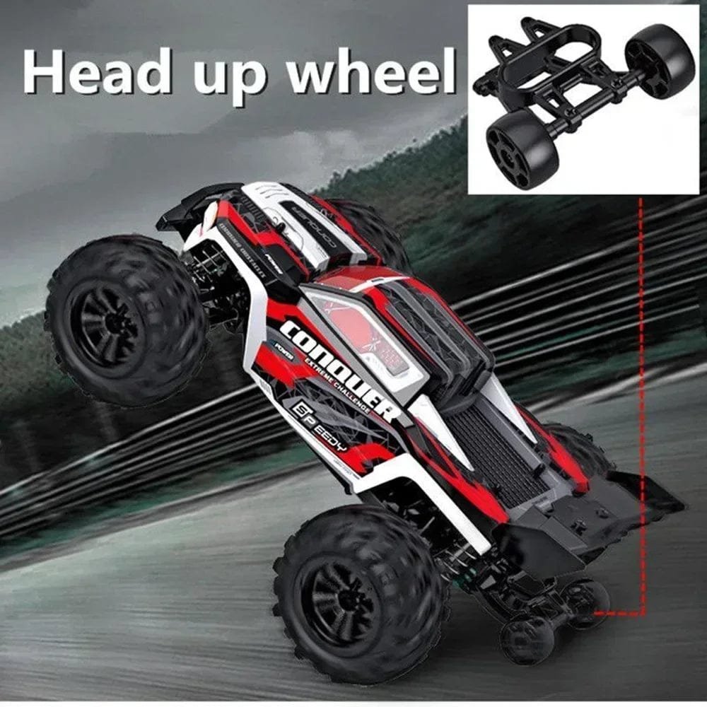 RC monster truck performing a head-up wheelie, a 4WD stunt toy for showing off tricks during outdoor play.