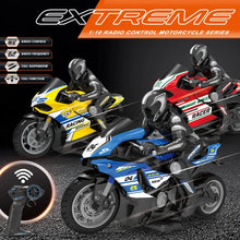 Three radio-controlled motorcycles with a remote control.