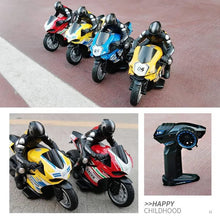Colourful RC motorcycles with remote on tarmac, 35m range toys for driveway racing and outdoor play sessions.