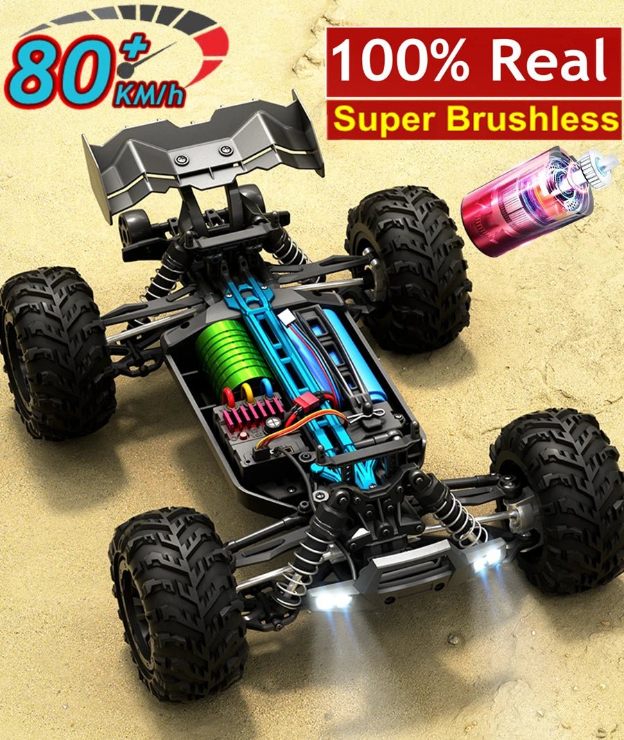 Chassis and component view of the 4WD RC off-road drift car, showing the drivetrain that handles gravel tracks and tight turns.