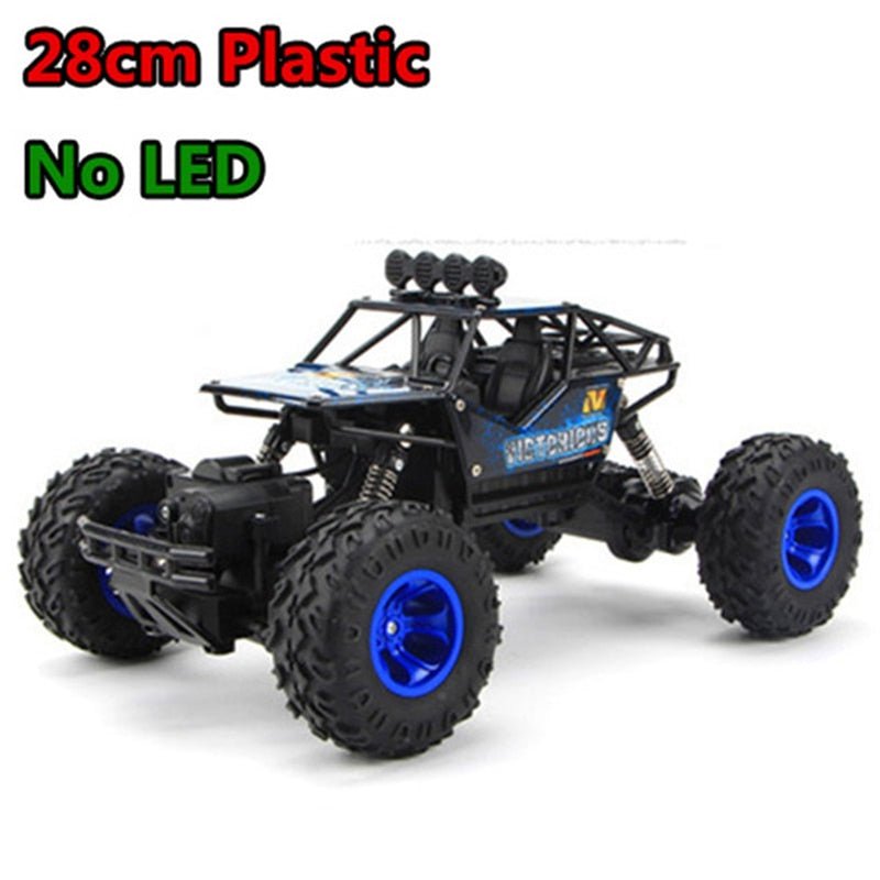 RC off-road truck studio shot with a feature list detailing size and radio control range.