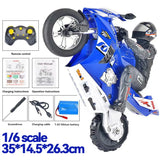 Blue-and-white toy motorcycle with remote control, accessories, and specifications.