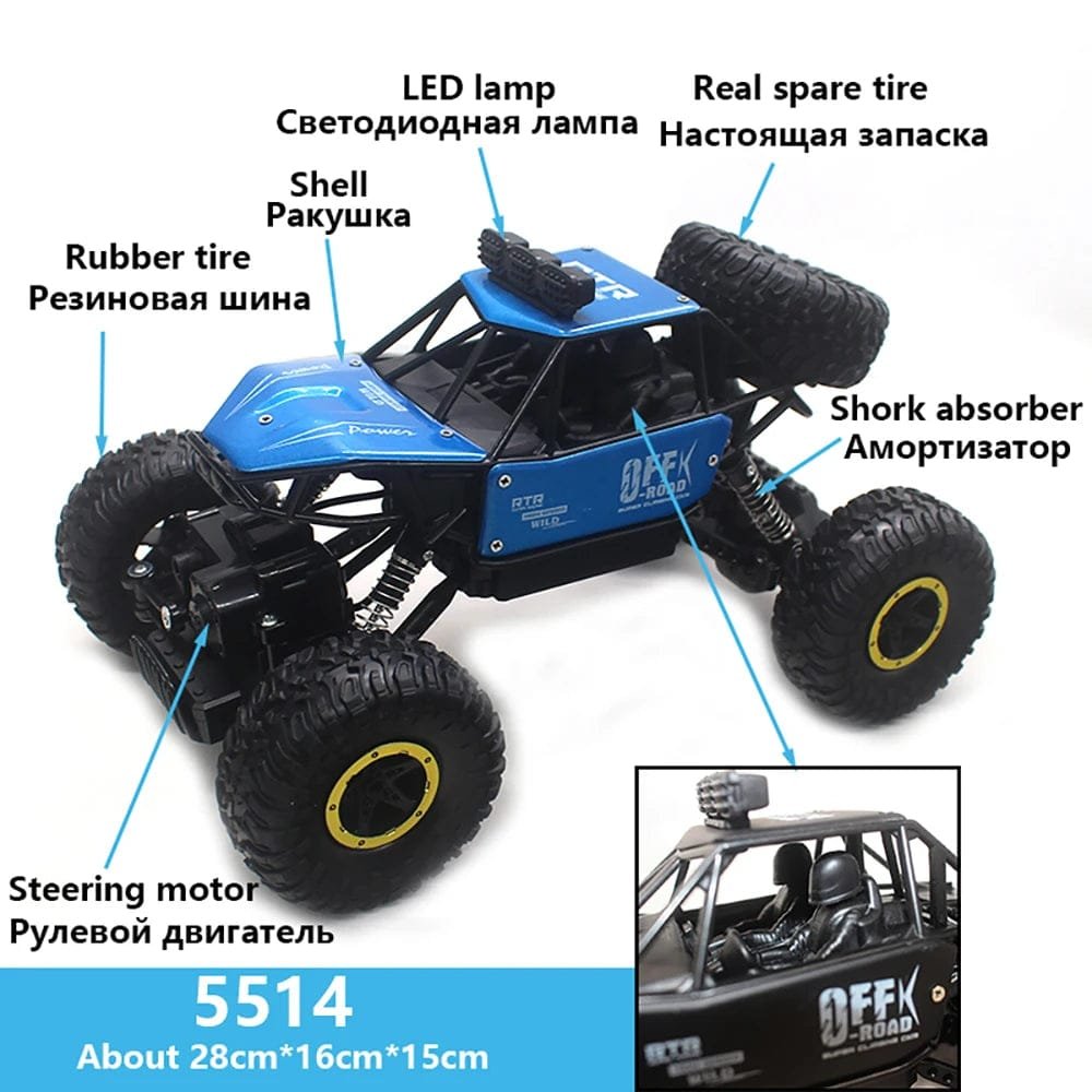 Labelled feature view of the 4WD RC rock crawler with bubble machine, showing grip tyres built for rough outdoor play.
