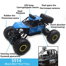 Labelled feature view of the 4WD RC rock crawler with bubble machine, showing grip tyres built for rough outdoor play.