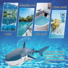 Electric RC Shark spray water toy suitable for swimming pools, lakes, and water parks during holiday and summer play.