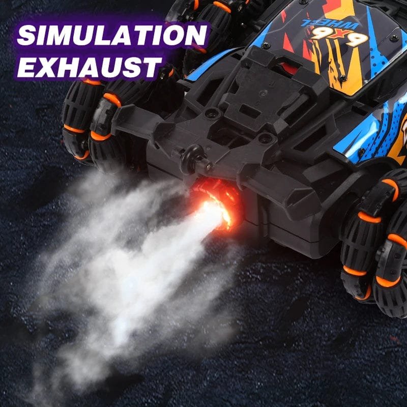 Six-wheel RC drift car simulated exhaust spray feature for realistic racing play and stunt demonstrations.