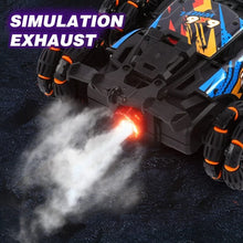 Six-wheel RC drift car simulated exhaust spray feature for realistic racing play and stunt demonstrations.