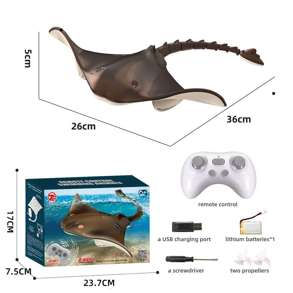 RC stingray sea creature spray water toy measurement chart with remote and accessories for choosing the right pool toy.