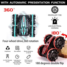Amphibious RC Stunt Car pair shown side by side highlighting water-land drift features.