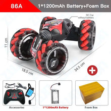 Complete red and black RC stunt car kit with controller and battery for immediate indoor and outdoor play.