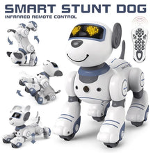 Interactive robot dog RC stunt toy for kids shown voice-activated for hands-free commands.