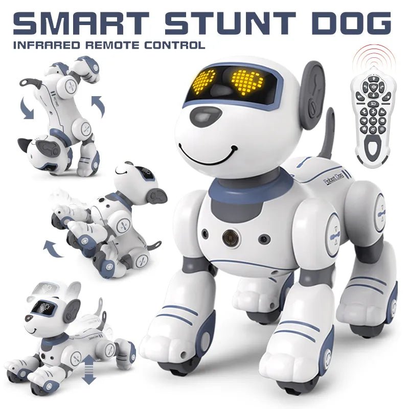 Interactive robot dog RC stunt toy for kids shown voice-activated for hands-free commands.