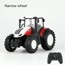 Narrow-wheel RC tractor trailer playset with LED lights for evening farm-themed play sessions.