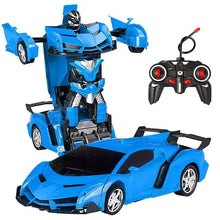 RC Transforming Robot Car blue model in robot mode close-up for detailed kids play inspection.