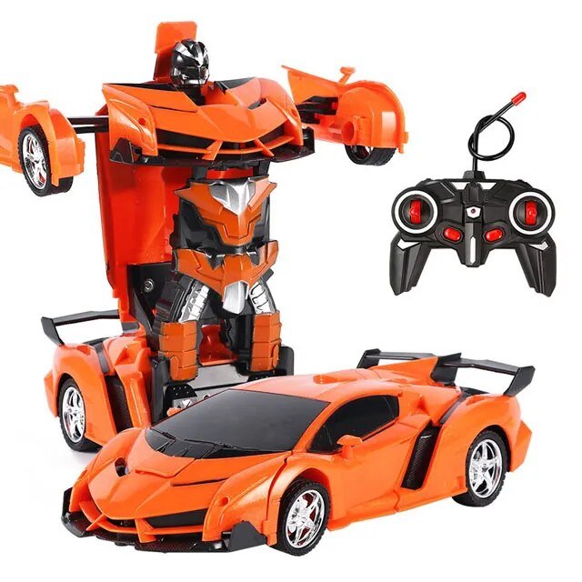 RC Transforming Robot Car orange model in robot mode with remote control for kids active play.