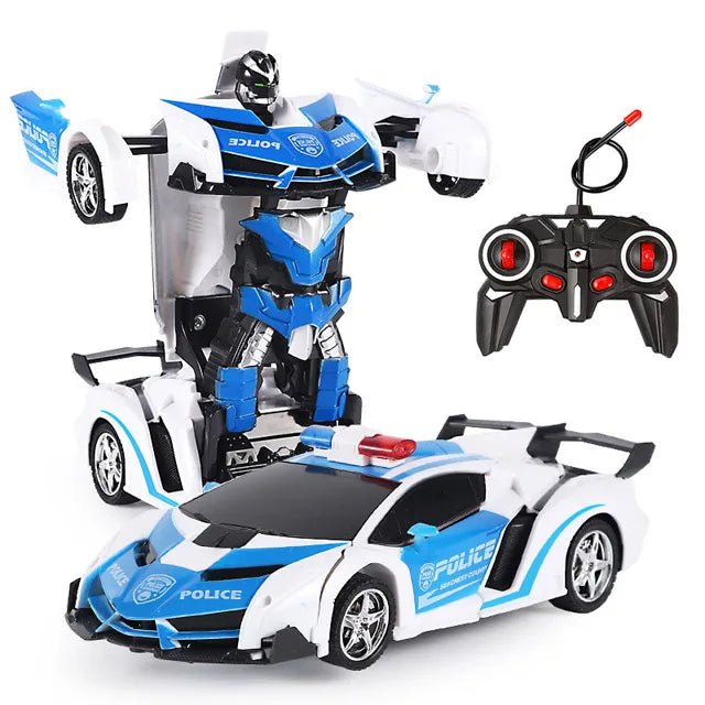 RC Transforming Robot Car police car design in robot mode for kids role-play and remote control fun.