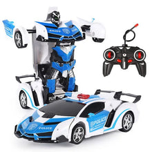 RC Transforming Robot Car police car design in robot mode for kids role-play and remote control fun.