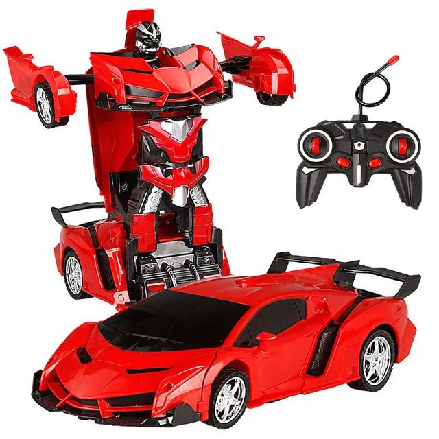 RC Transforming Robot Car red model in robot mode with remote control for active kids play.