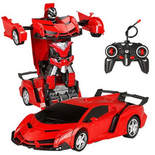 RC Transforming Robot Car red model in robot mode with remote control for active kids play.