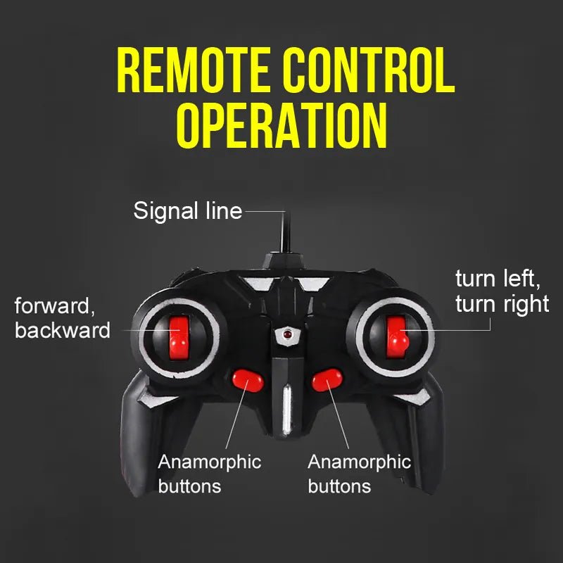 RC Transforming Robot Car remote control with labeled buttons for easy kids operation and play.