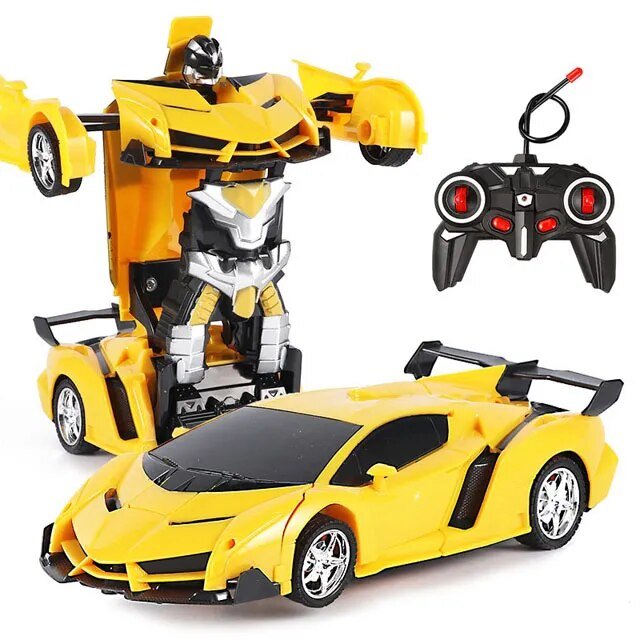 RC Transforming Robot Car yellow model with remote control for energetic kids outdoor play.