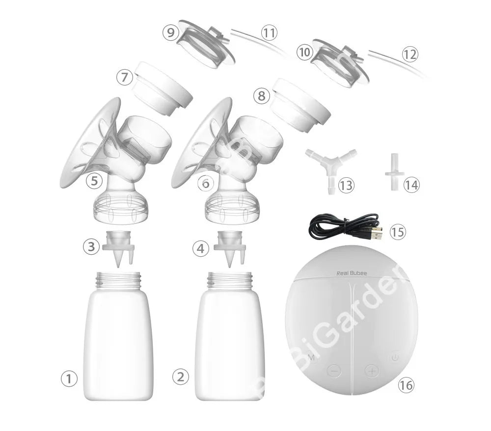 Real Bubee Electric Breast Pump assembly diagram with labelled parts for easy setup, cleaning, and sterilising.