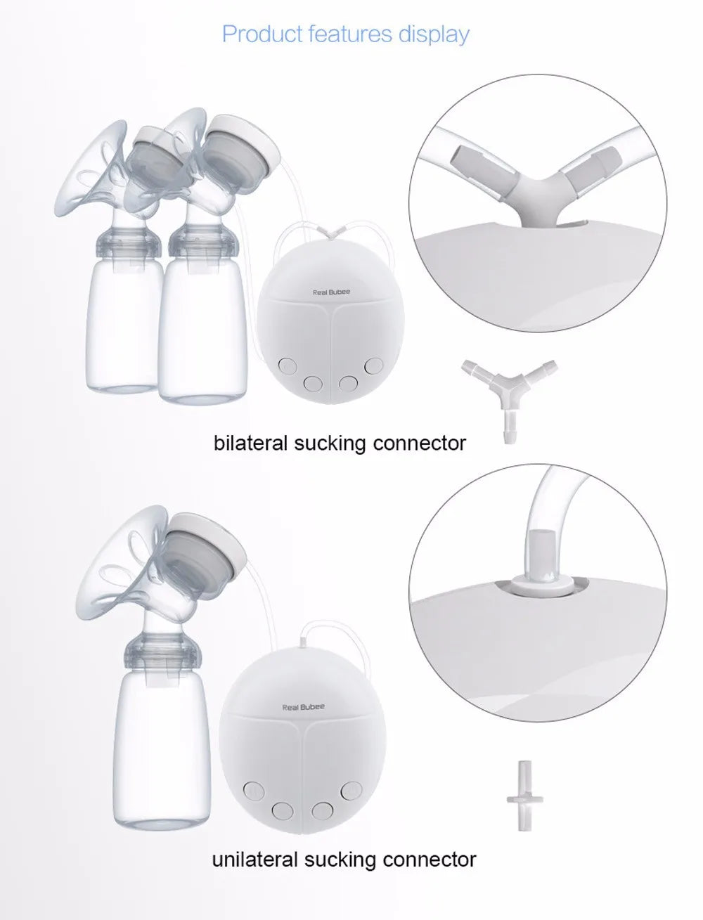 Real Bubee Electric Breast Pump with bilateral and unilateral connectors for single or double milk expressing sessions.