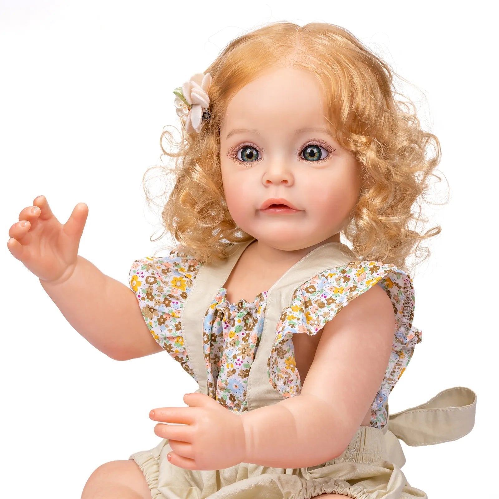 Realistic 55cm silicone Reborn Toddler Doll Princess Sue-Sue in a floral outfit for doll collecting, photography props, and birthday presents.