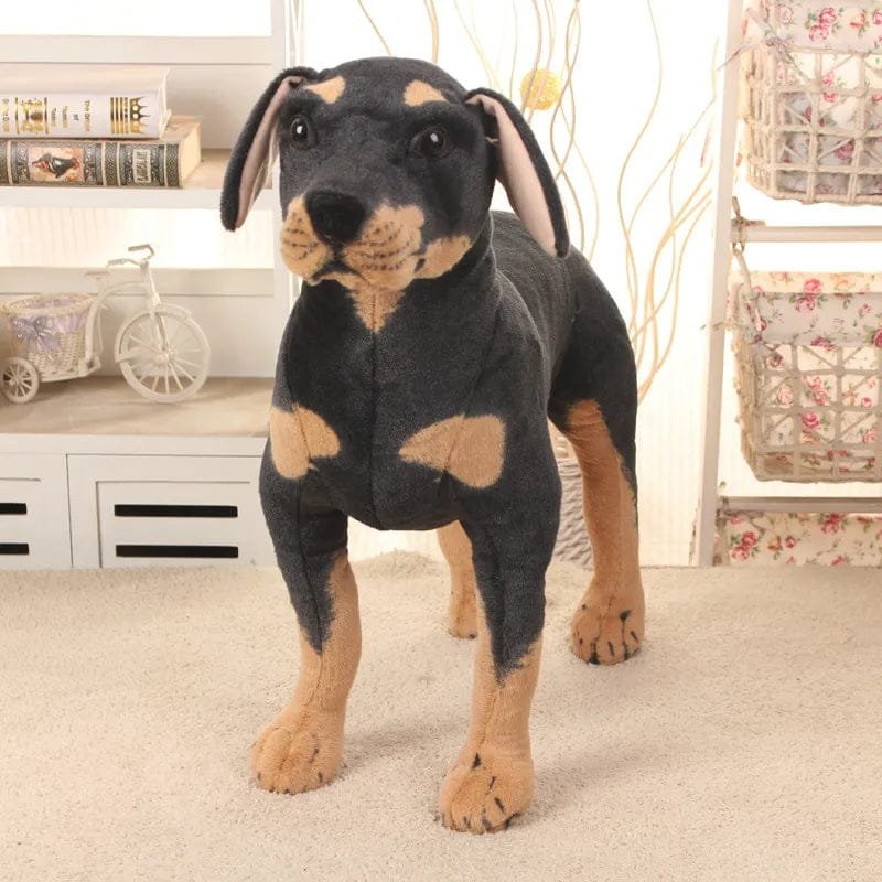 Realistic Standing Black Dog Plush full body view for use as a photo prop, nursery decor piece, or cuddly companion.