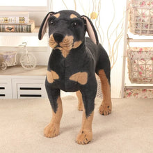 Realistic Standing Black Dog Plush full body view for use as a photo prop, nursery decor piece, or cuddly companion.