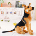 Plush toy dog sitting on a white surface with a blurred indoor background