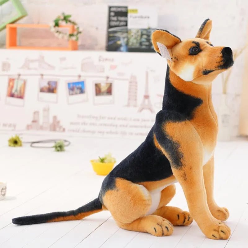 Plush toy dog sitting on a white surface with a blurred indoor background