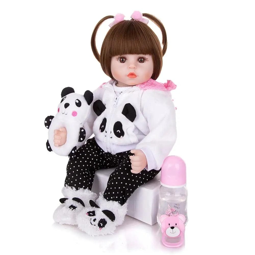 Realistic reborn baby doll with soft cloth body in a panda outfit for cuddling and role-play.